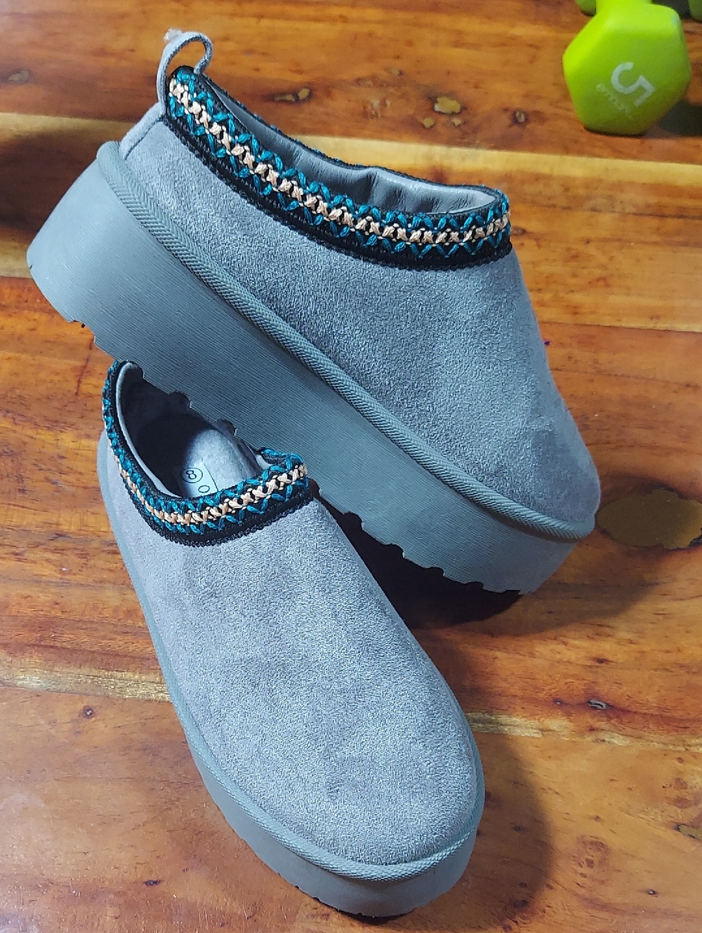 Slip-On Gray Suede Platform Mules with Braided Trim